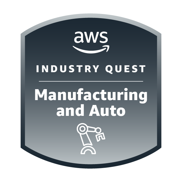 The image shows a badge for the &ldquo;AWS Industry Quest - Manufacturing and Auto&rdquo; challenge. The badge features the AWS logo and text describing the challenge topic.