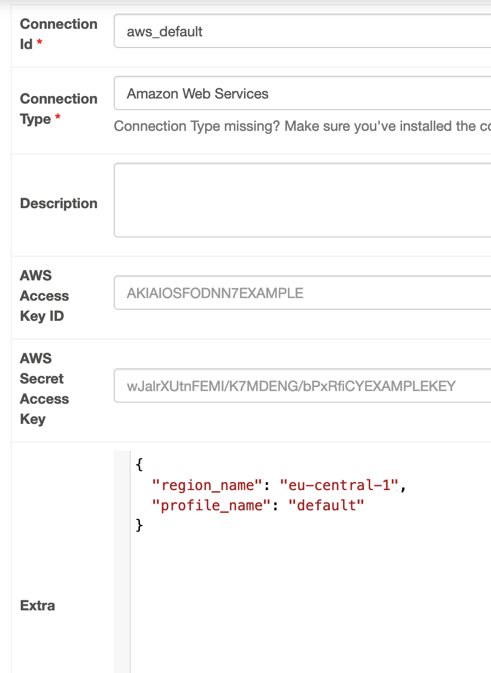 Image description: The image shows an Airflow connection configuration panel for AWS. The Connection ID is set to &ldquo;aws_default&rdquo;, the Connection Type is &ldquo;Amazon Web Services&rdquo;, the AWS Access Key ID is &ldquo;AKIAIOSHFODNNYEXAMPLE&rdquo;, the AWS Secret Access Key is &ldquo;wJalrXUtnFEMI/K7MDENG/bPxRfiCYEXAMPLEKEY&rdquo;, and the Extra field contains a JSON document with the &ldquo;region_name&rdquo; set to &ldquo;eu-central-1&rdquo; and the &ldquo;profile_name&rdquo; set to &ldquo;default&rdquo;.