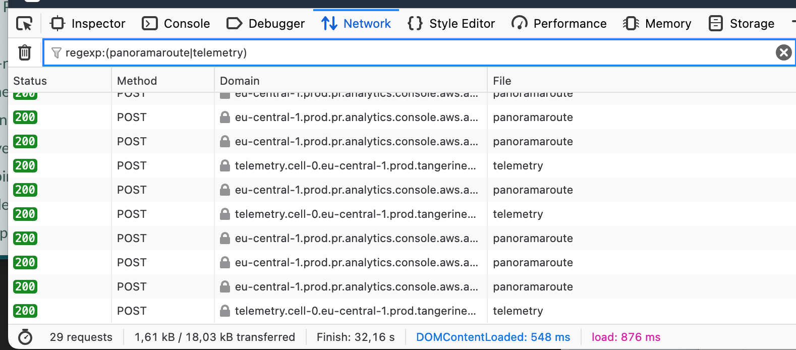 Dev Tools showing only analytics requests.