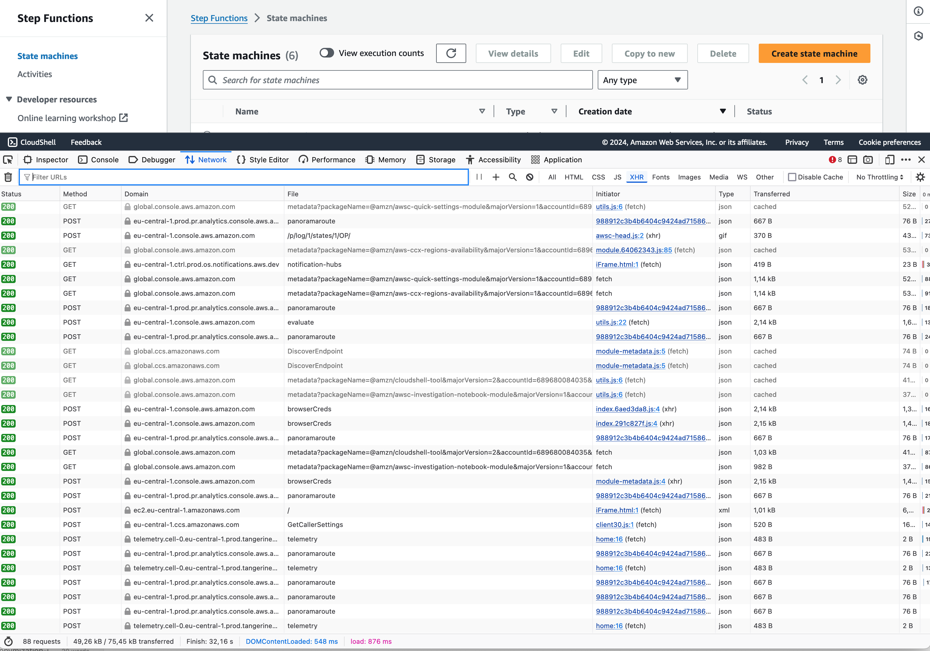 Dev Tools showing network requests.