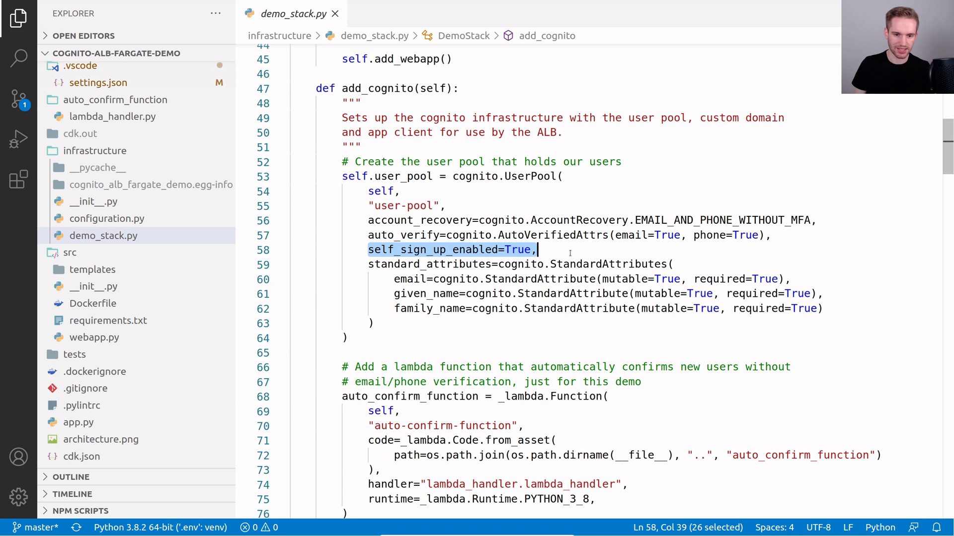 A screenshot of a software development environment showing a code editor with a file explorer and a live video feed of a person presenting.